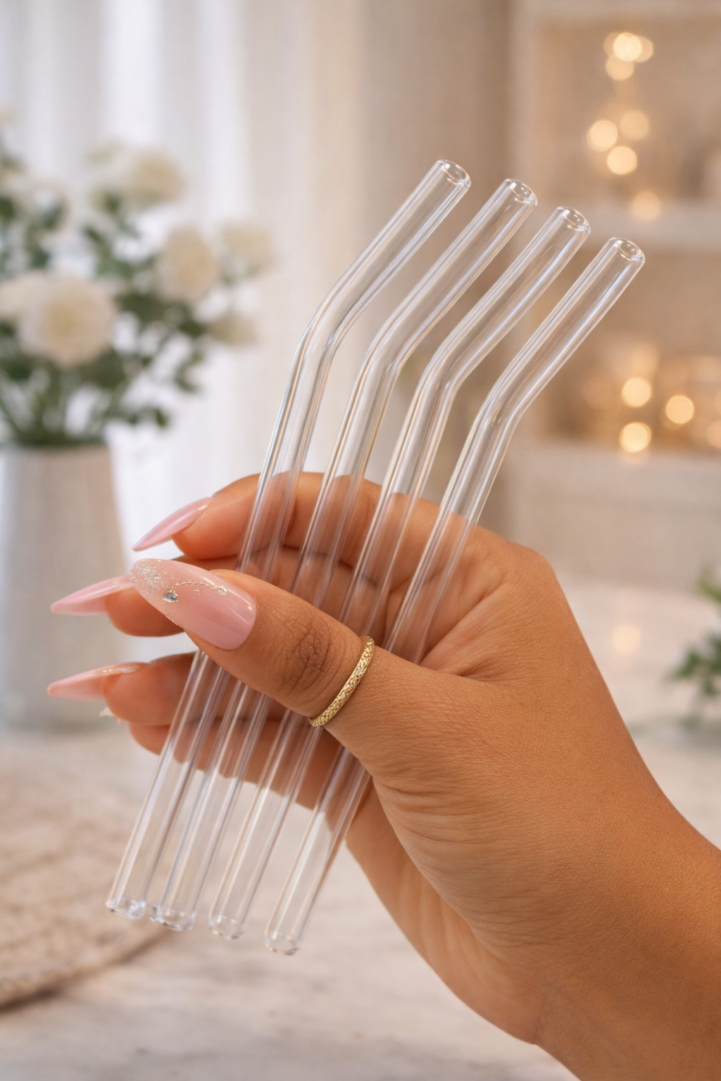 Hand holding four clear straws with a blurred indoor background