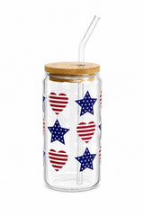 Patriotic Hearts & Stars 16oz Glass Tumbler with Bamboo Lid & Glass Straw
