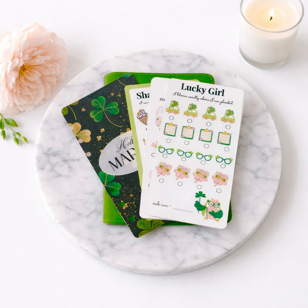 Three small cards with designs on a marble surface next to a candle and flowers.