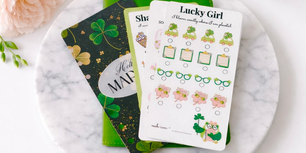 Three small cards with designs on a marble surface next to a candle and flowers.