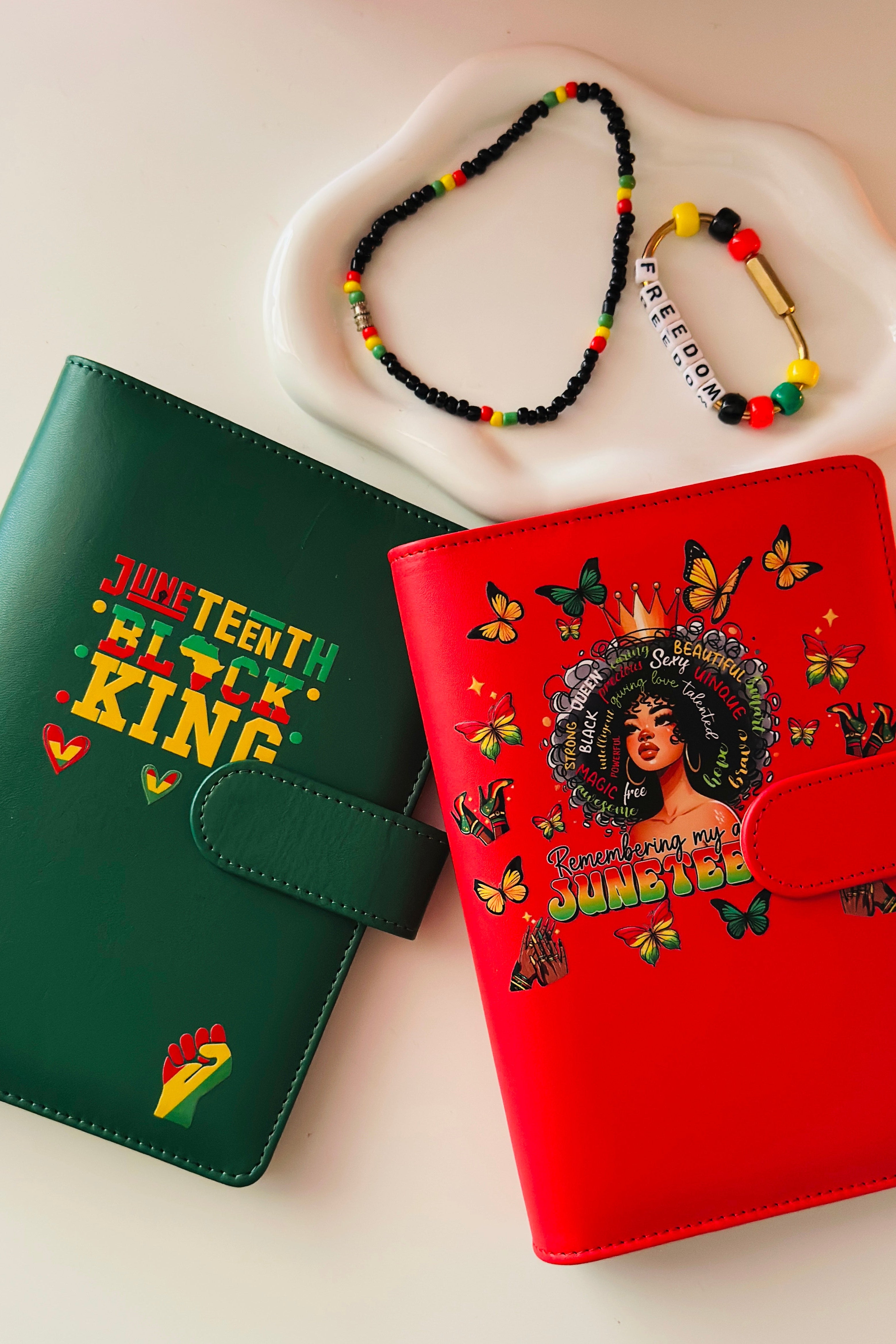 Two colorful wallets, one green and one red, with decorative elements on a light background.