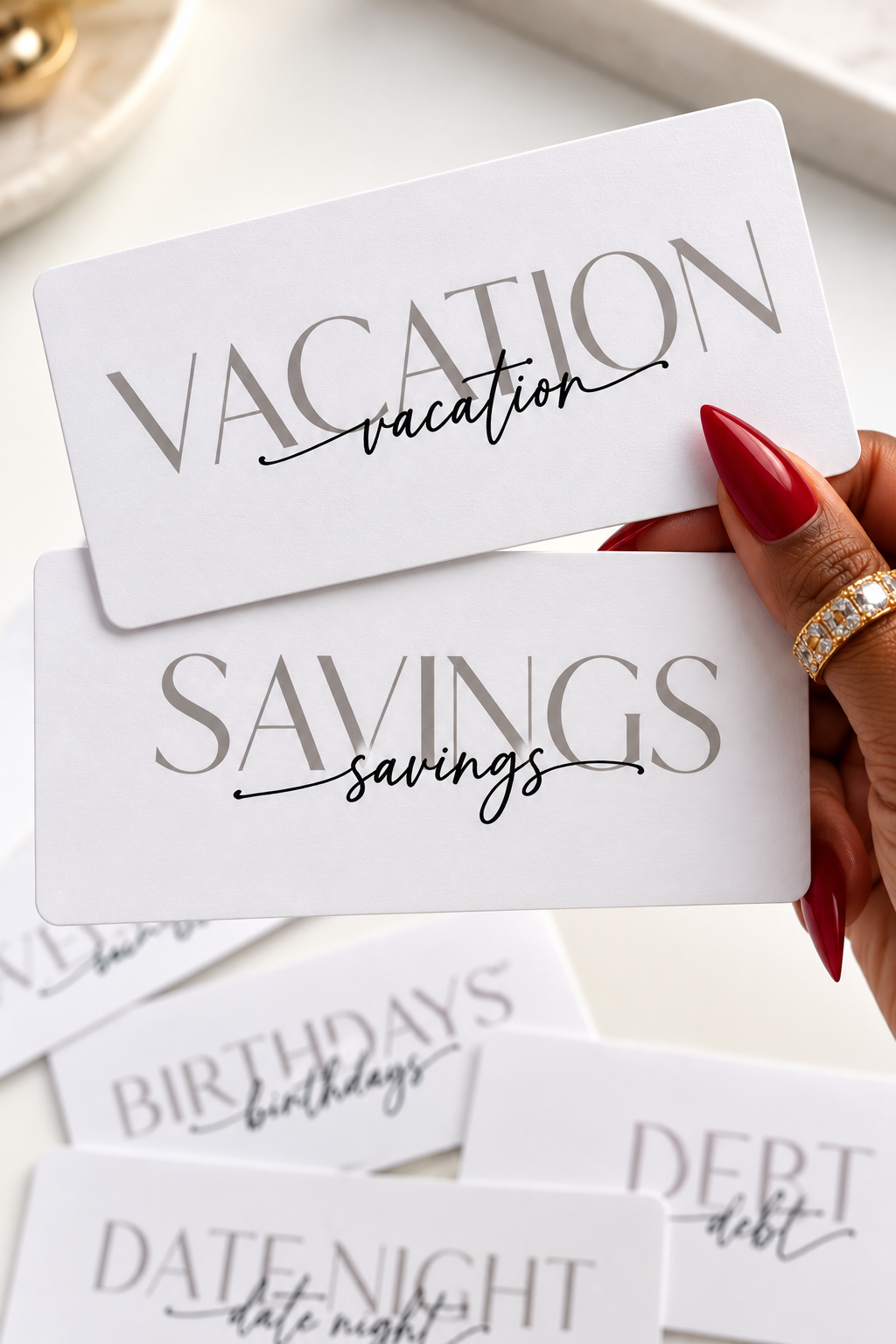 A hand with red manicured nails holds two white rectangular cards printed with travel-themed phrases: 'VACATION vacation' and 'SAVINGS savings.' Other cards in the background show additional phrases like 'BIRTHDAYS birthdays' and 'DATE NIGHT date night.
