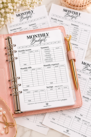 A pink leather-bound ring binder planner open to a monthly budget sheet, surrounded by matching printed budget pages, a gold pen, pearls, and small white flowers on a light marble surface.
