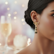 Gold Champagne Bottle Earrings with Bow & Rhinestones