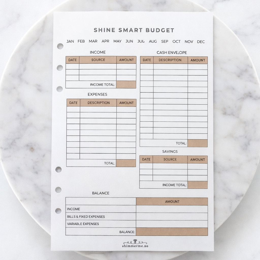 Smart Budget planner sheet on a marble surface