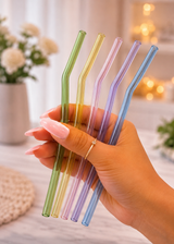 Pastel Luxe Glass Straw Set – Reusable Curved Drinking Straws