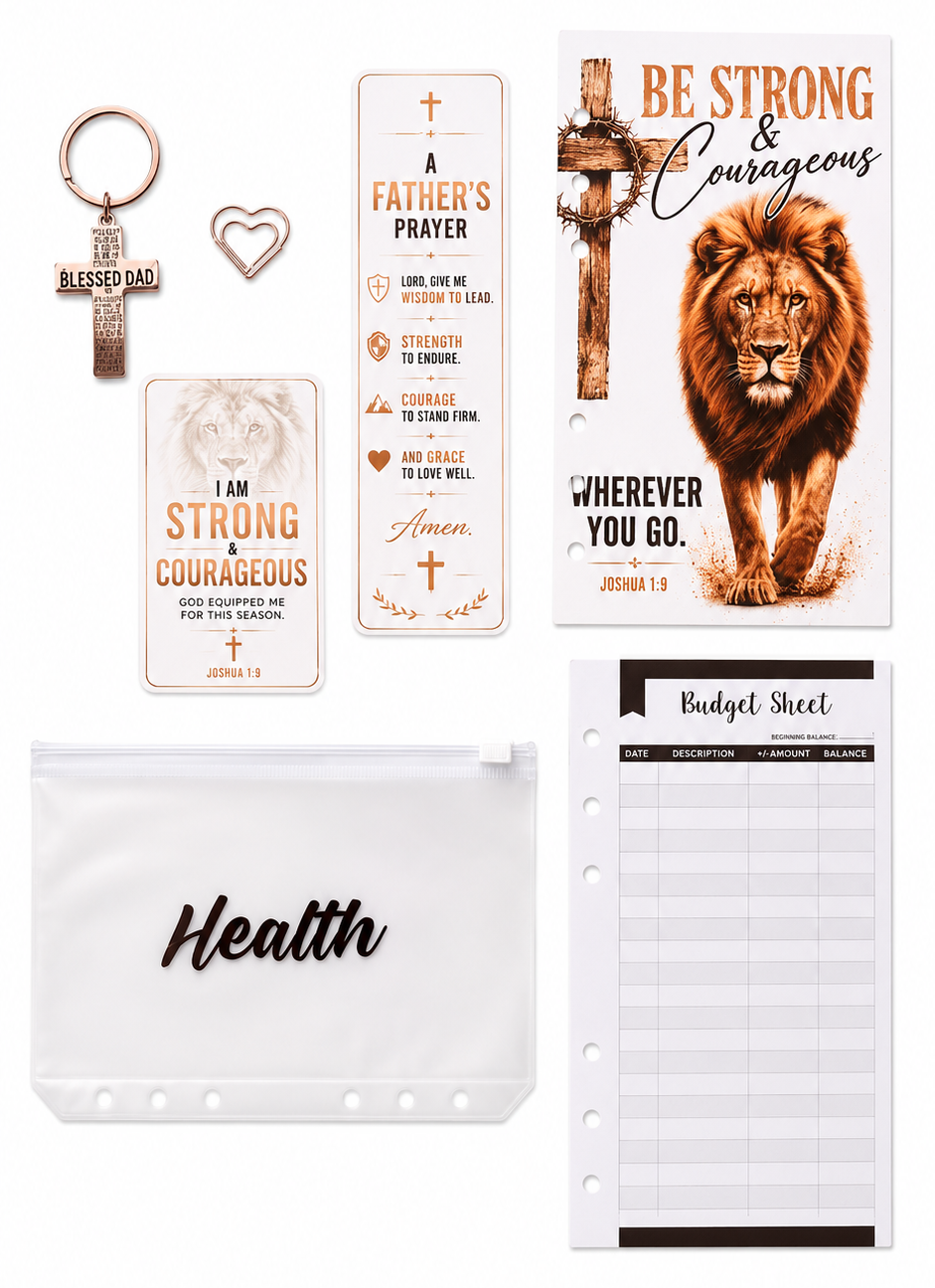 Collection of motivational items including a keychain, cards, and planner stickers on a white background.