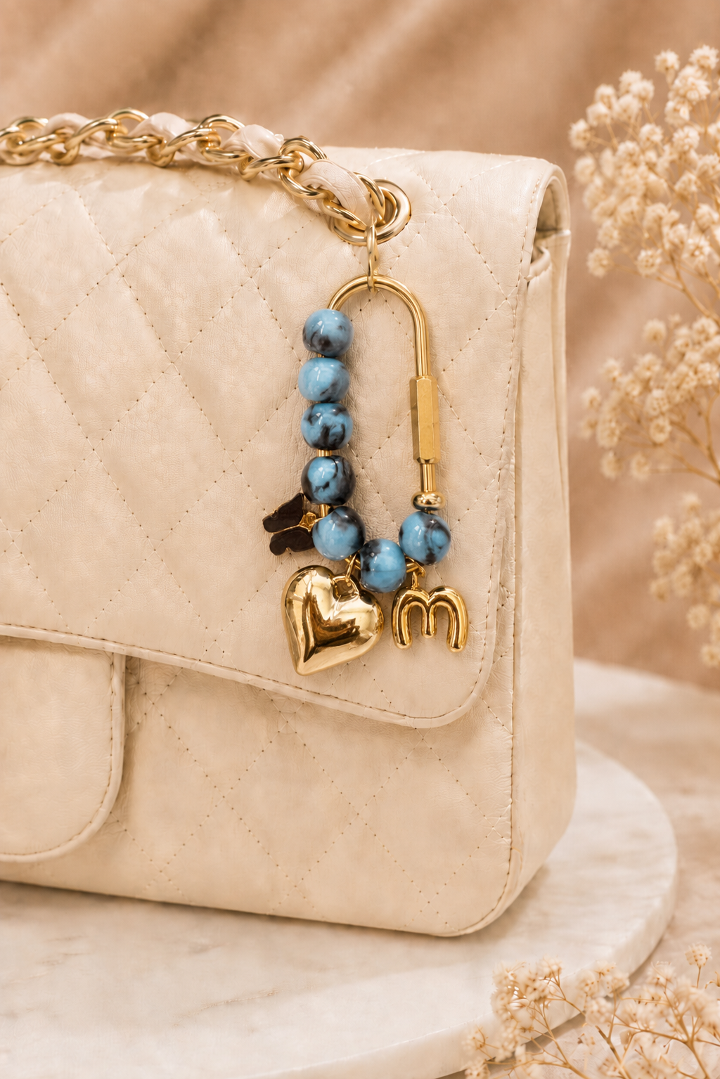 Butterfly Heart Handbag Charm with Gold Initial Letter