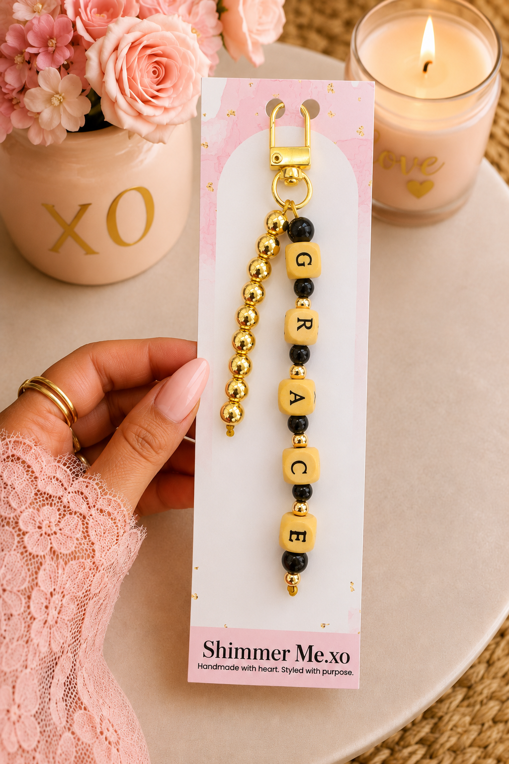 Golden Grace Keychain Charm | Elegant Beaded Bag Charm Accessory