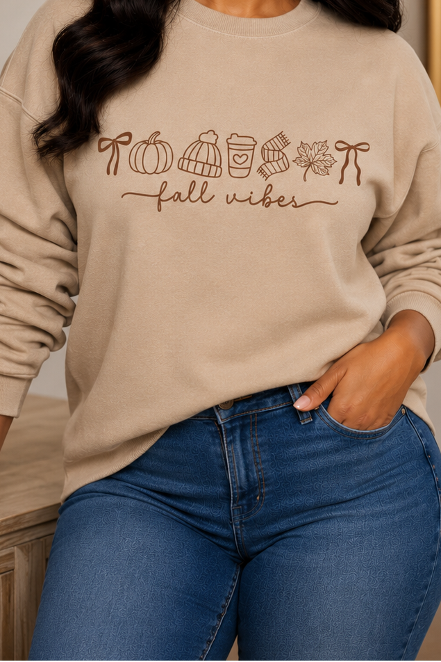 A woman wearing a beige crewneck sweatshirt with a brown graphic that reads 'fall vibe' with autumn-themed icons, paired with blue jeans, posing in a cozy indoor setting.