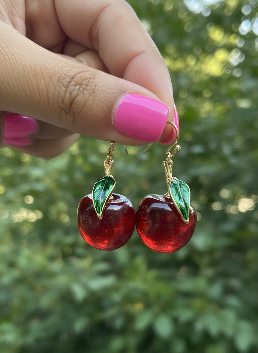Cherry-themed earrings held by a hand with pink nail polish against a blurred green background