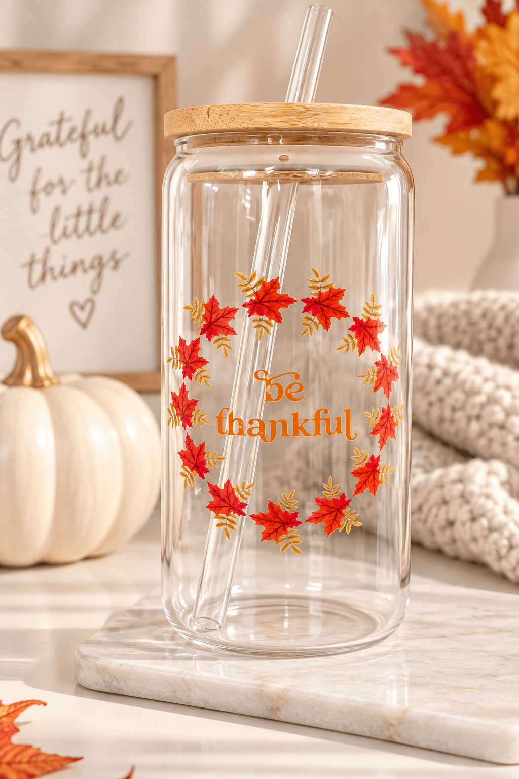 Be Thankful Glass Tumbler - ShimmerMe.xo