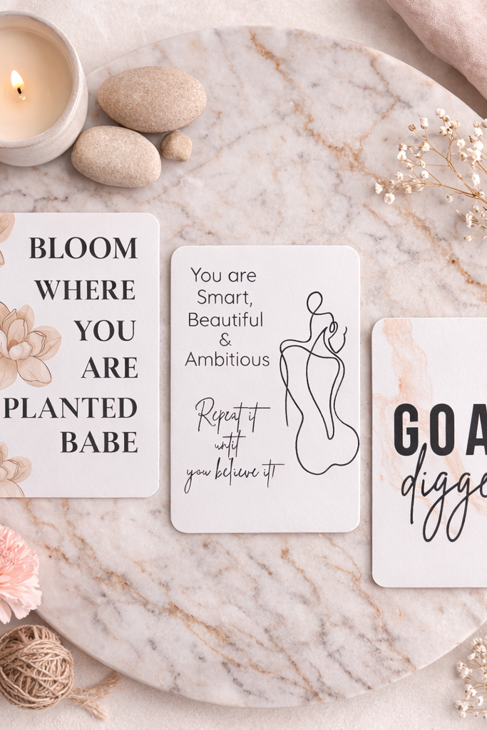 Motivational cards on a marble surface with decorative elements