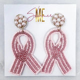 Seed Bead Pink Ribbon Earrings