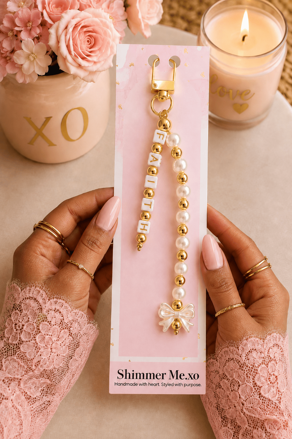 Pearls of Faith Keychain Charm | Pearl & Gold Beaded Bag Charm - ShimmerMe.xo