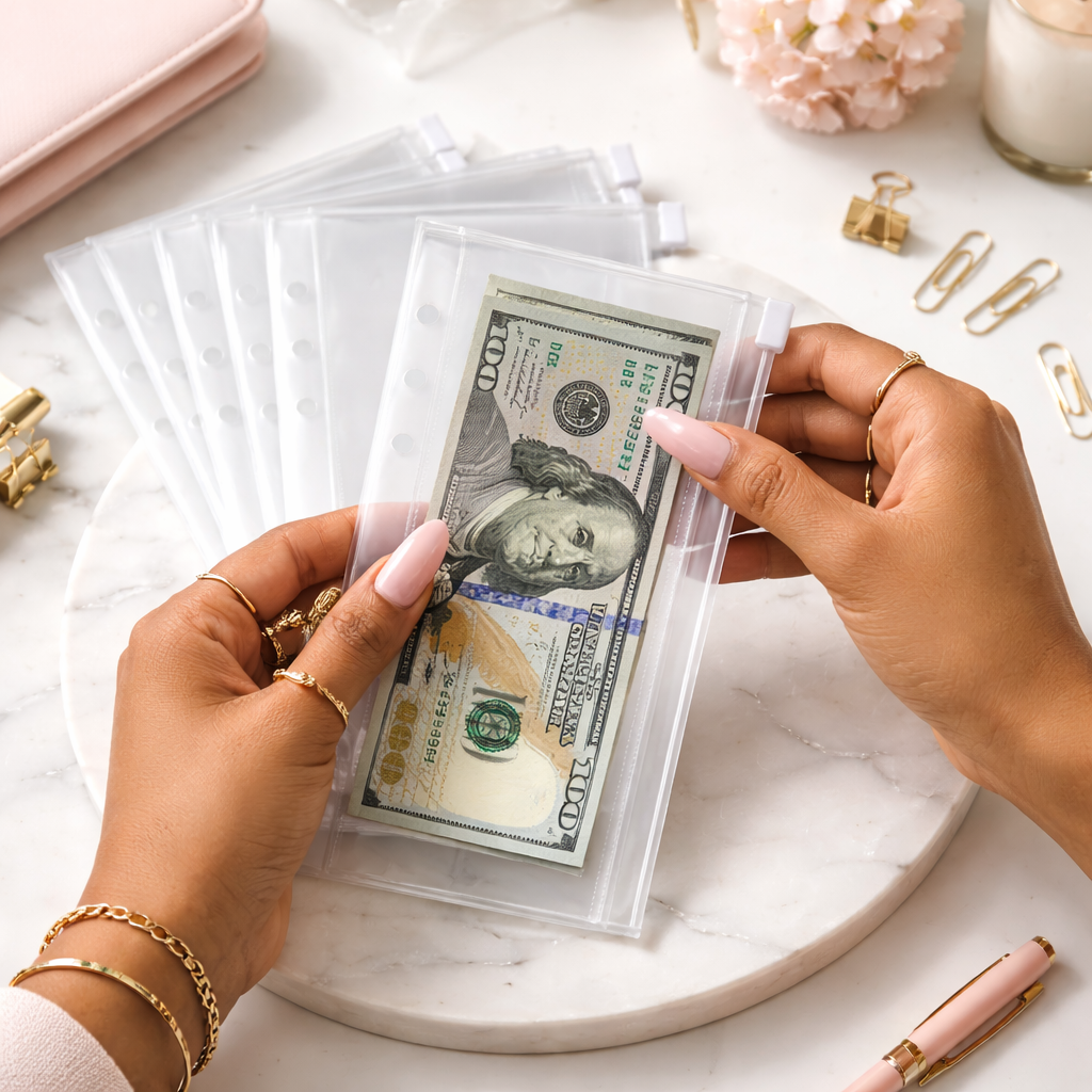 Person holding a stack of hundred-dollar bills in clear plastic sleeves on a marble surface.