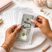 Person holding a stack of hundred-dollar bills in clear plastic sleeves on a marble surface.