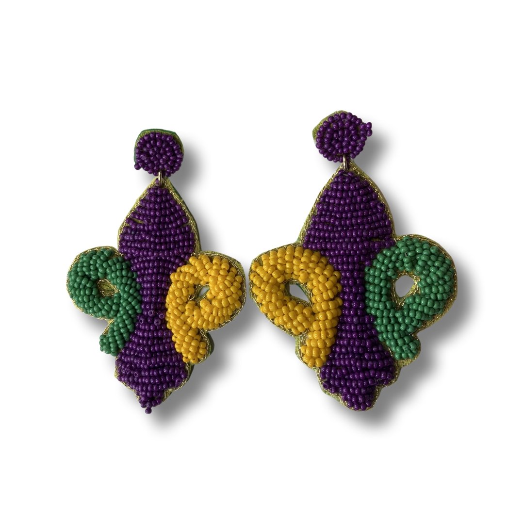 Mardi Gras Beaded Fluer De Lis Earrings - Shimmer Me